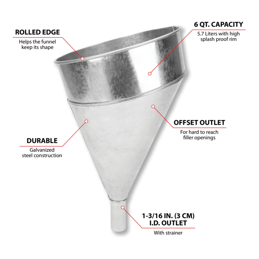 6 Quart Performance Tool W54299 Steel Galvanized Funnel, Features Offset Spout, Splash-Proof Rim, and Removable Strainer, Heavy Duty for Automotive and Shop Use, Weather-Resistant