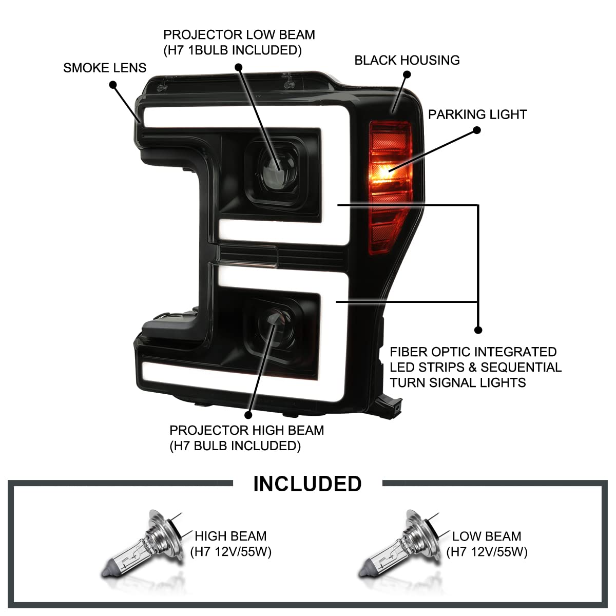 Black Smoke SPEC-D TUNING Projector Headlights w/LED Sequential Turn Signal Switchback Compatible with 2017-2019 Ford F-250, F-350, F-450, F-550 Super Duty, Left + Right Pair Headlamps Assembly
