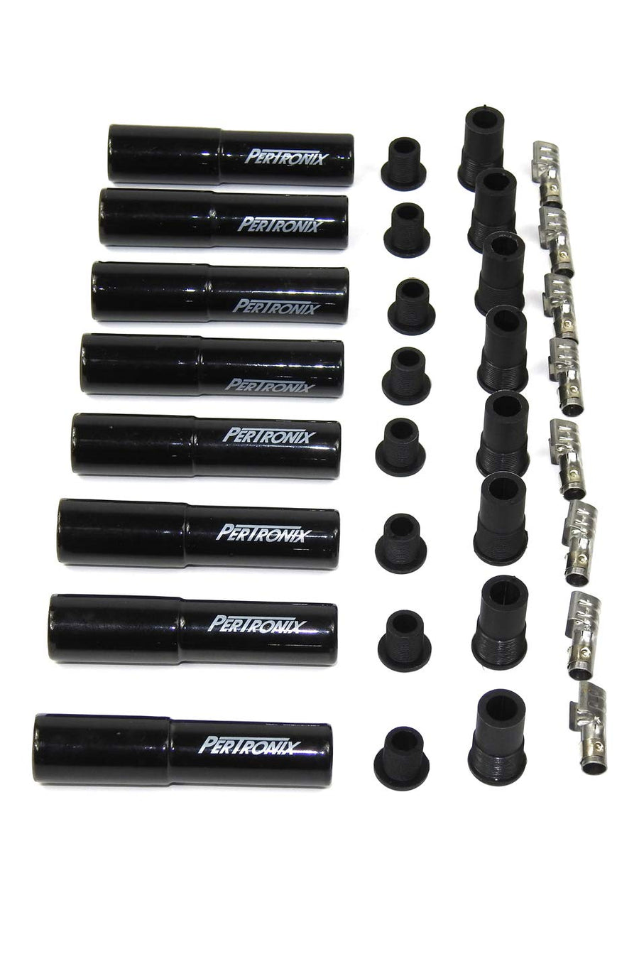Black Ceramic PerTronix 8562HT-8 Spark Plug Boot Straight Set of 8 includes silicone plug and wire bushings, stainless steel spark plug terminals and high temp ceramic boots