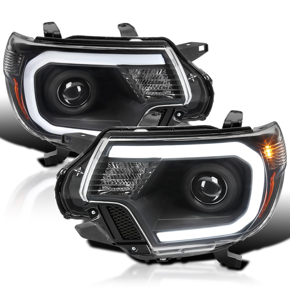 Black Projector Headlights w/LED Bar SPEC-D TUNING Compatible with 2012-2015 Toyota Tacoma, Left + Right Head Lights Assembly