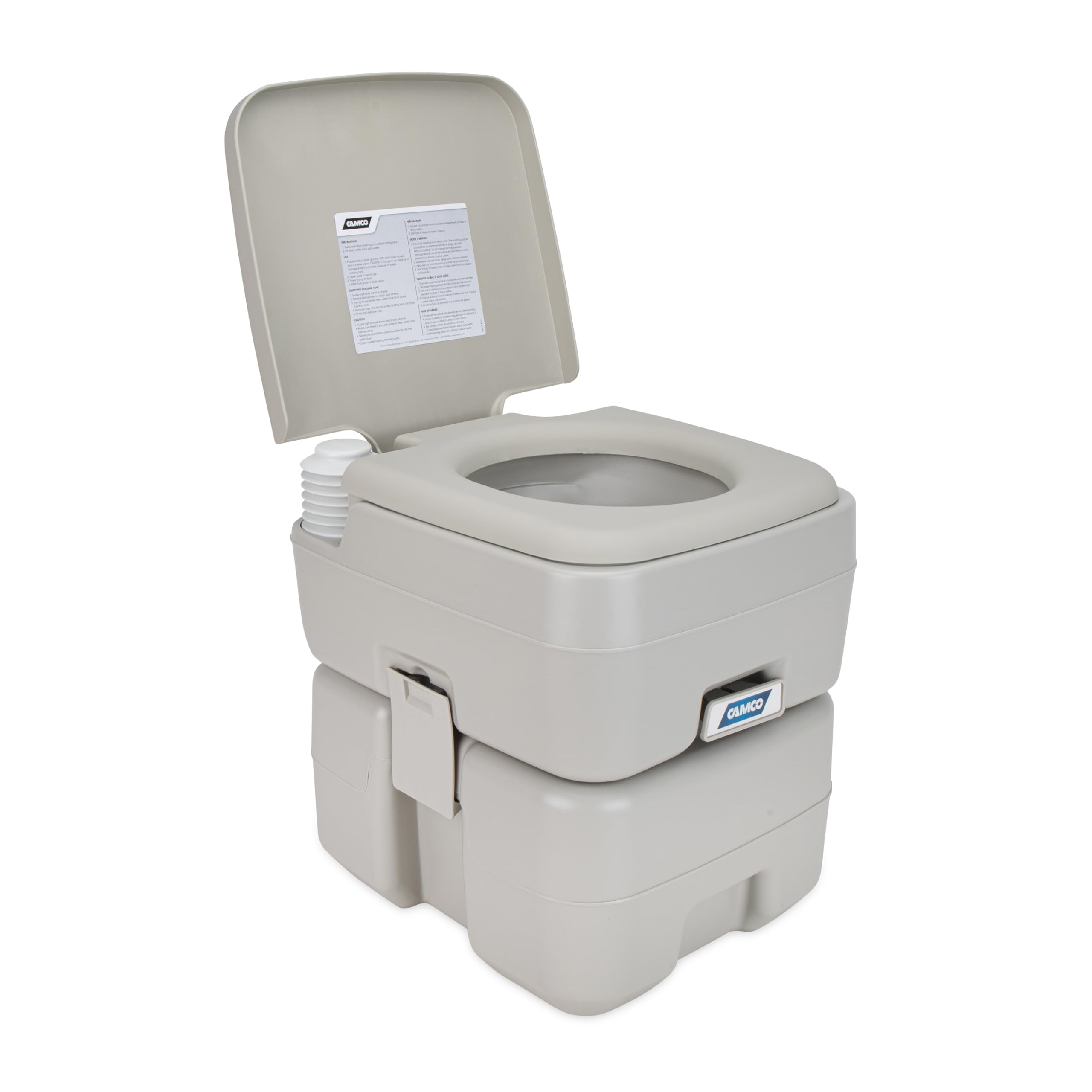 5.3-Gallon Camco Portable Toilet - Features Detachable Holding Tank w/Sealing Slide Valve & Bellow-Type Flush - Easy Transport w/Compact Lightweight Design & Carry Handle - Gray (41541)