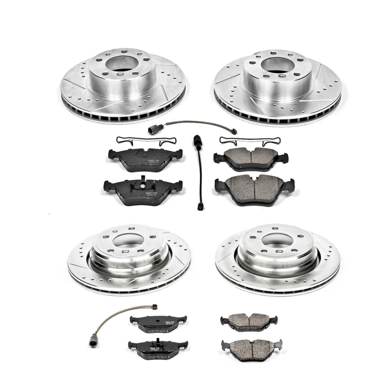 Power Stop K382 Z23 Carbon Fiber Brake Pads Front and Rear with Drilled & Slotted Brake Rotors Kit For BMW 540i 1994-1995 [Model Specific]