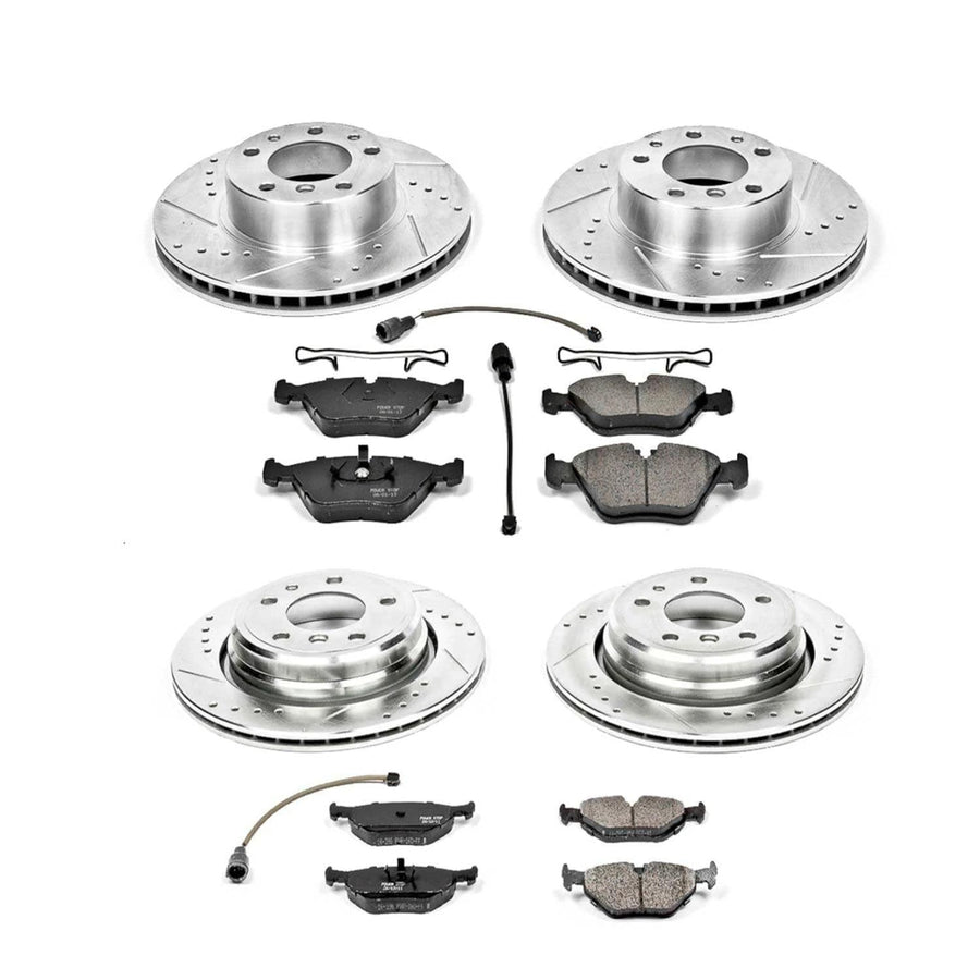 Power Stop K382 Z23 Carbon Fiber Brake Pads Front and Rear with Drilled & Slotted Brake Rotors Kit For BMW 540i 1994-1995 [Model Specific]
