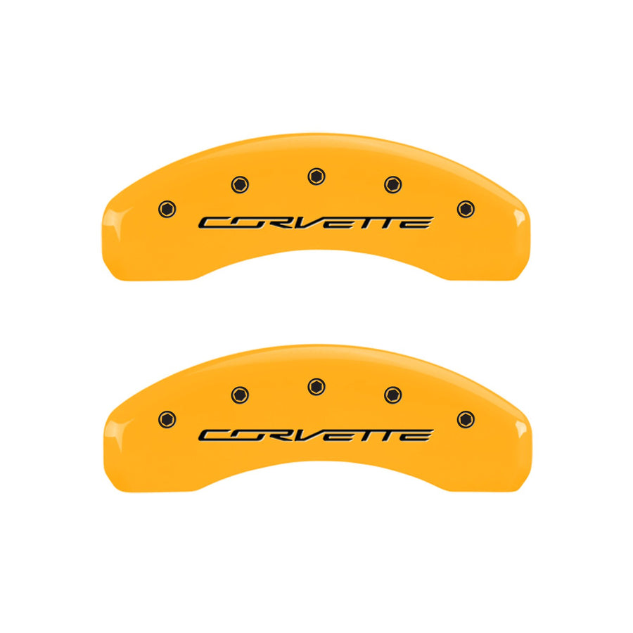 Brake Caliper Covers MGP - Compatible with 2014-2019 Chevy Corvette - Powder-Coated Finish, 4 PCS Front and Rear (Yellow - Corvette C/7 Engraving)