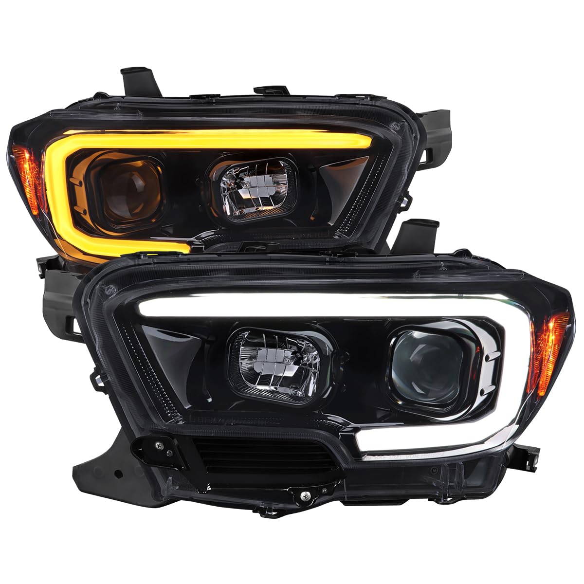 Black Smoke SPEC-D TUNING Projector Headlights w/Switchback LED Tube Signal Compatible with 2016-2023 Toyota Tacoma, Left + Right Pair Headlamp Assembly