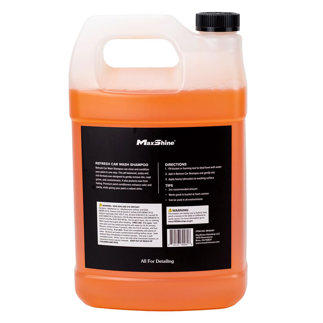 1 Gallon Maxshine Refresh Car Wash Shampoo – pH-Balanced Formula with High Foaming Action – Spot-Free Rinse, Safe on All Painted Surfaces – Ideal for Car Wash & Auto Detailing