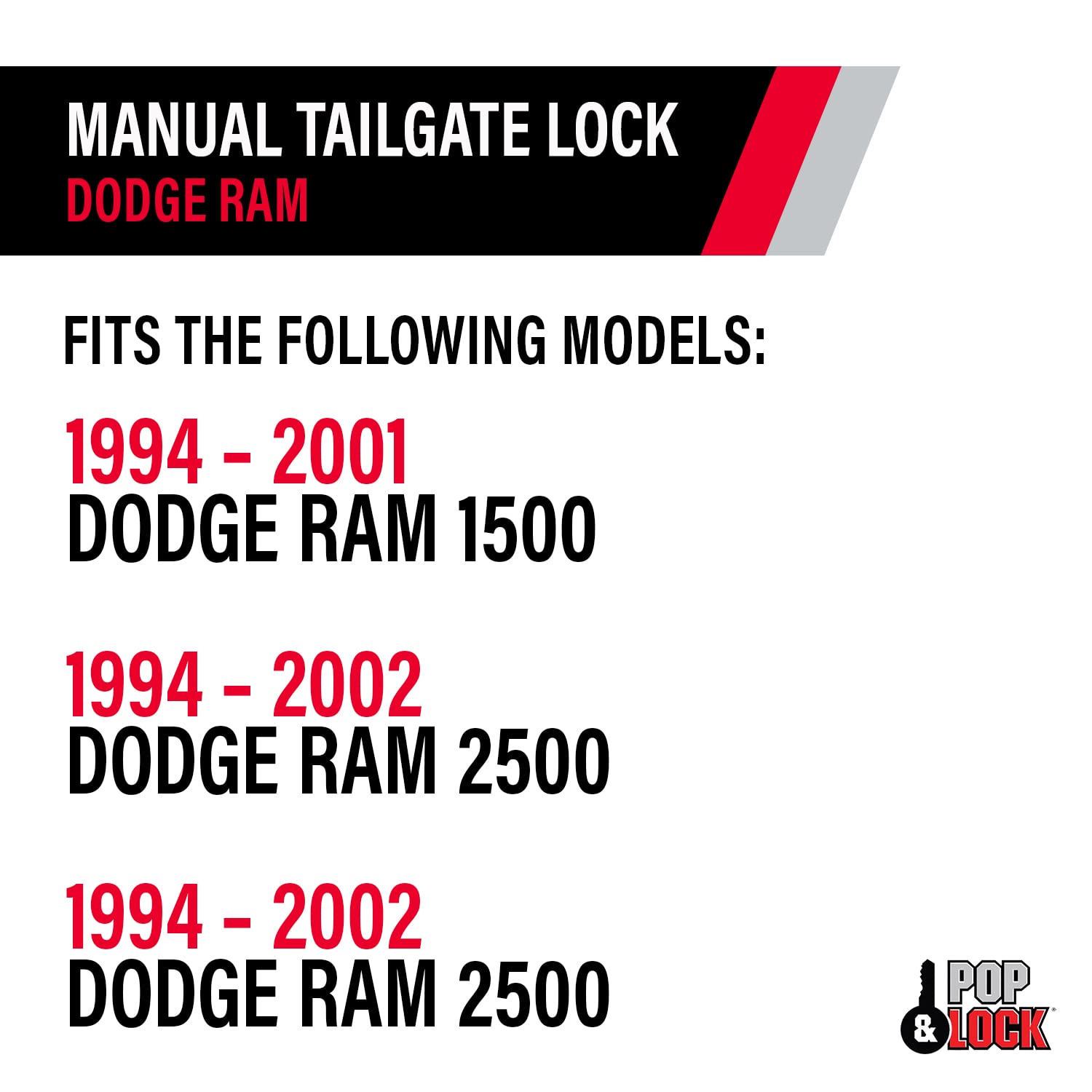 Manual Tailgate Lock – Pop & Lock for Dodge Ram 1500, 2500, and 3500, Fits 1994 to 2001 (Black, PL3300, Works with No Factory Lock)