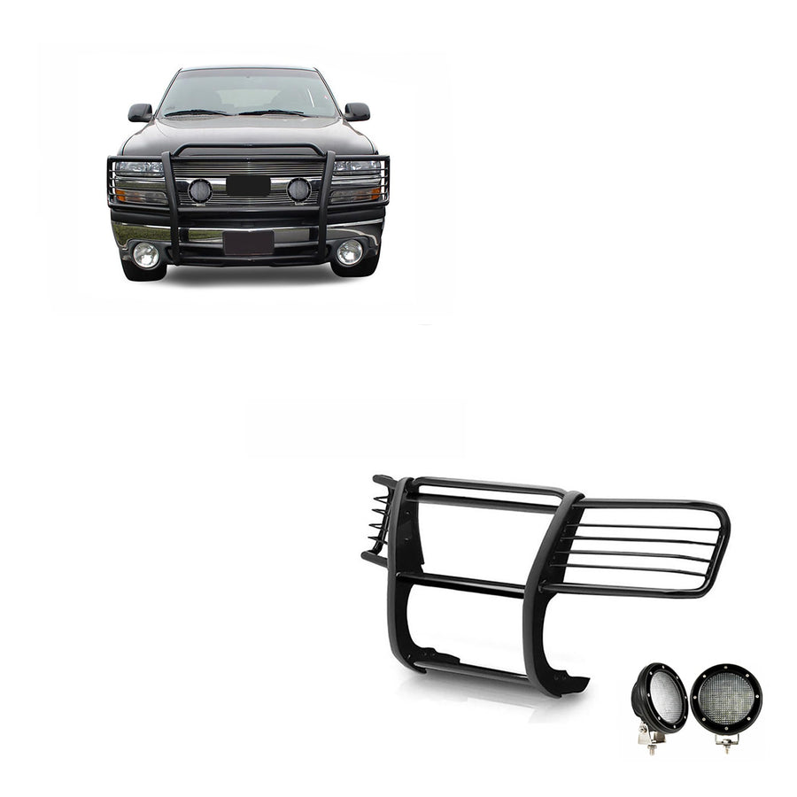 Bumper Guard Black Horse Grille Brush Modular Black Come with Pair of 5.3" LED Lights Compatible with 1999-2002 Silverado 1500|2000-2006 Suburban 1500/Tahoe/Yukon/Yukon XL 1500-17GT23MA-PLFB