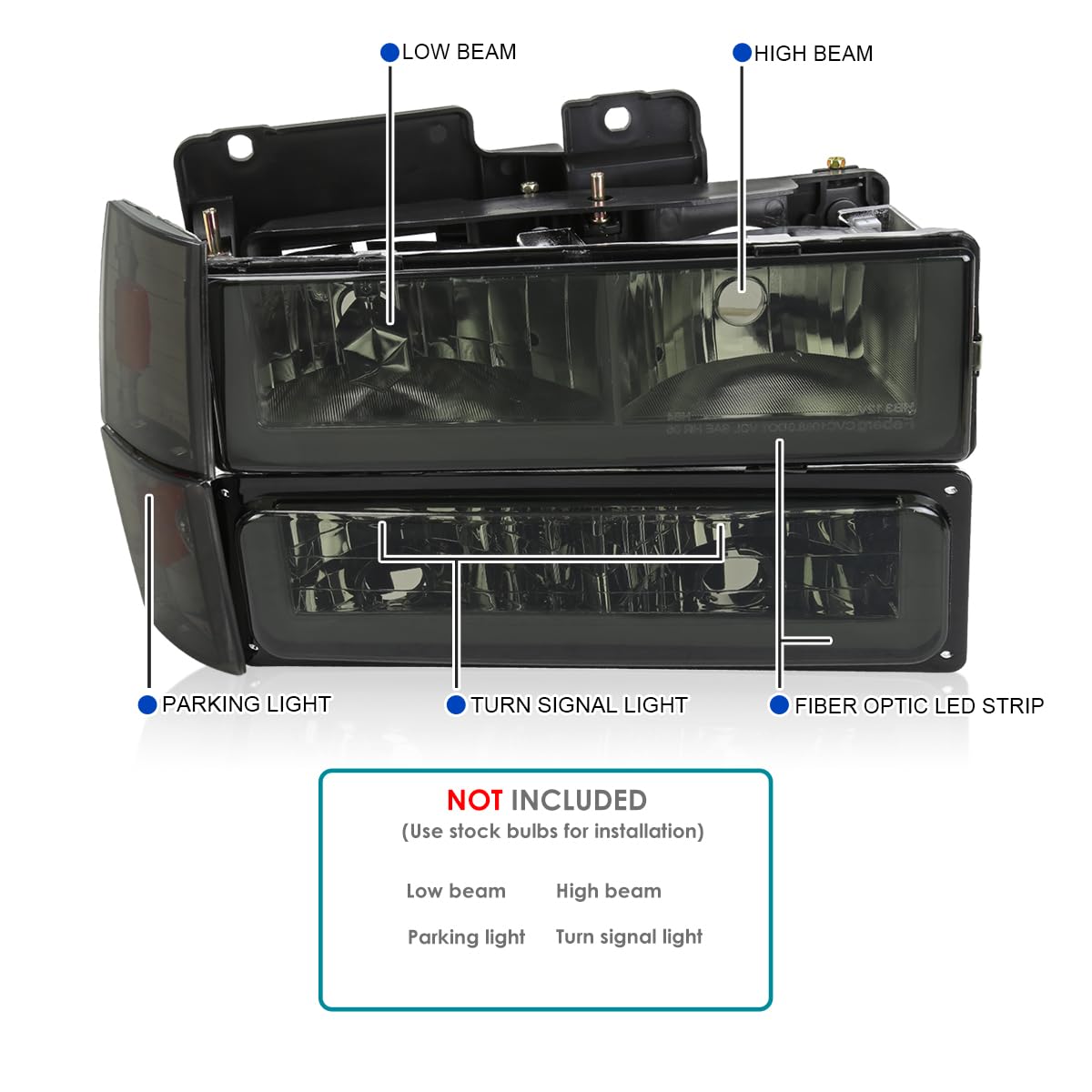 Smoke LED Tube Headlights + Bumper Lights + Corner Lights SPEC-D TUNING Compatible with 1988-1993 Chevy GMC C10 C/K Suburban, Left + Right Pair Headlamps Assembly
