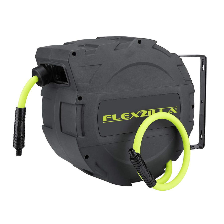 Retractable Flexzilla Enclosed Plastic Air Hose Reel, 3/8 in. x 30 ft, Heavy Duty, Lightweight, Hybrid, ZillaGreen - L8232FZ