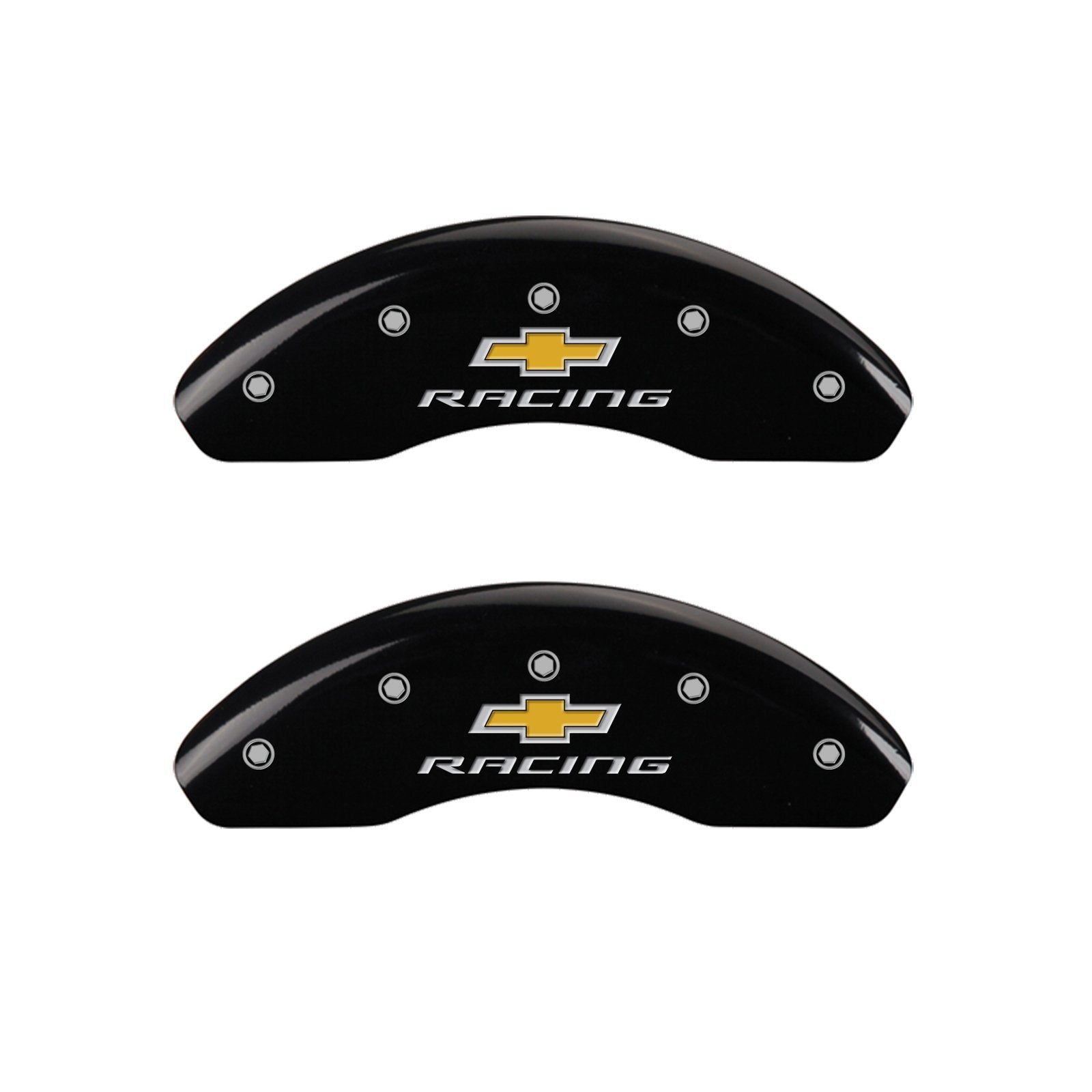 MGP Caliper Covers Front 14208FBRCBK Black Powder Coat Finish, Set of 2 (Chevy racing, Silver Characters, Engraved)