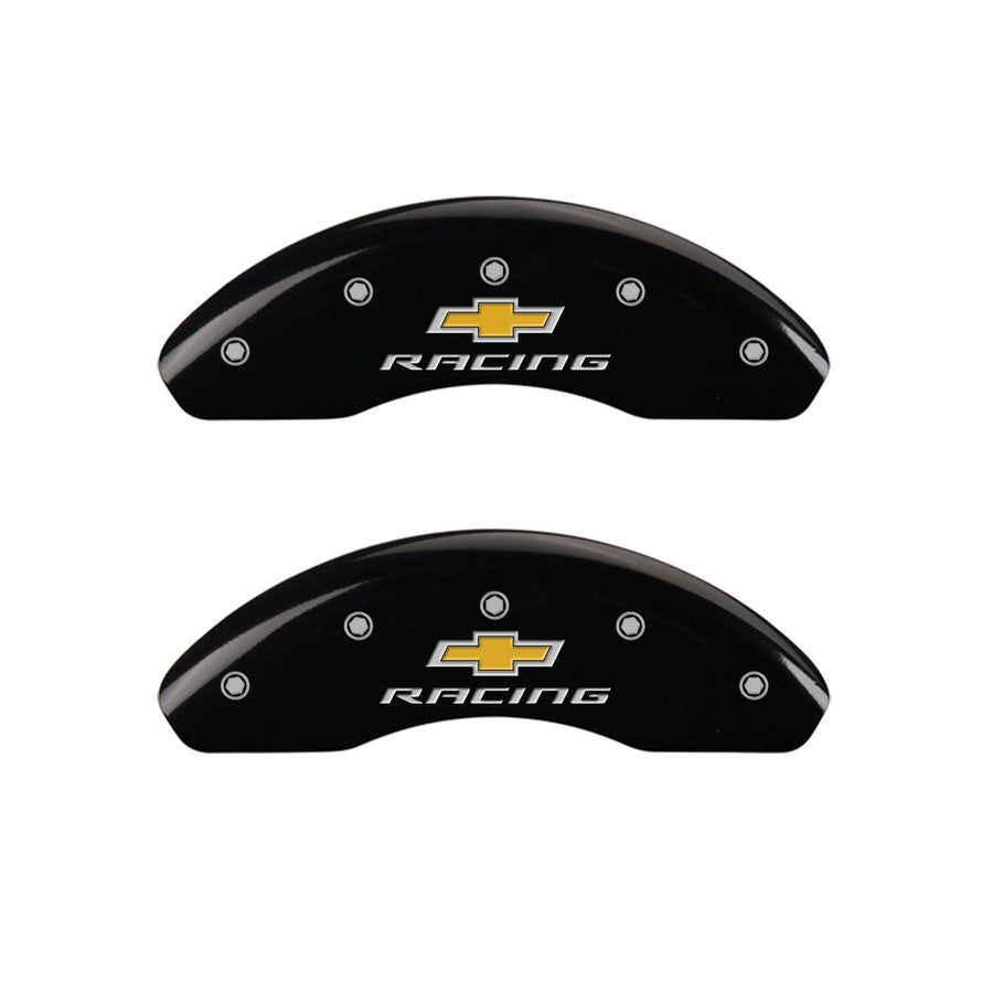 MGP Caliper Covers Black Powder Coat Finish 14232SBRCBK Front and Rear Caliper Cover, Set of 4 (Chevy racing Silver Characters, Engraved)