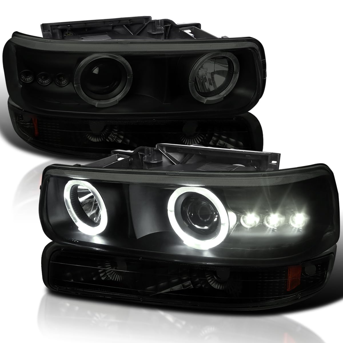 Smoke LED Halo Projector Headlights + Bumper Lights SPEC-D TUNING Compatible with 1999-2002 Chevy Silverado 1500 2500 3500, 2000-2006 Tahoe, Left + Right Pair Headlamps Assembly