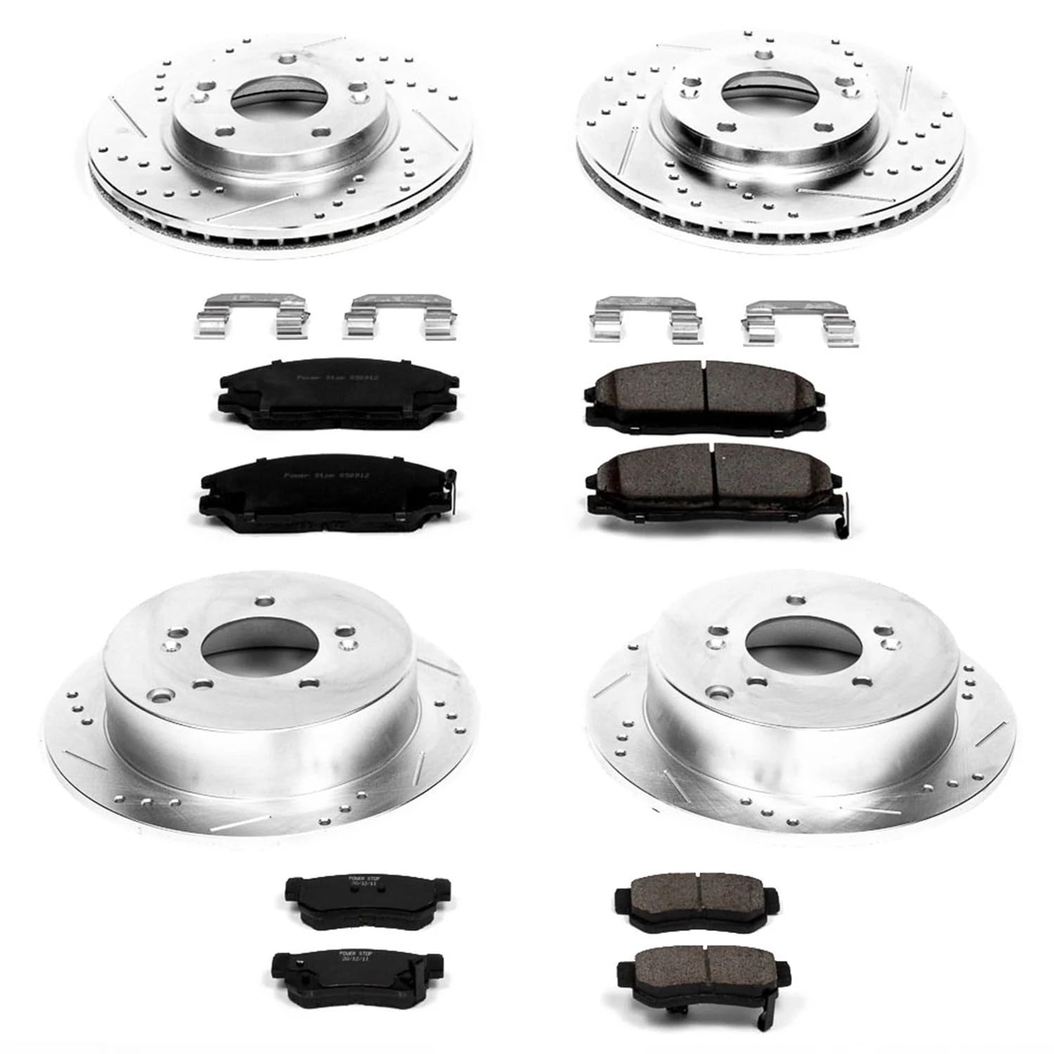 Power Stop K4447 Z23 Carbon Fiber Brake Pads Front and Rear with Drilled & Slotted Brake Rotors Kit For Hyundai Santa Fe 2001-2004 [Model Specific]