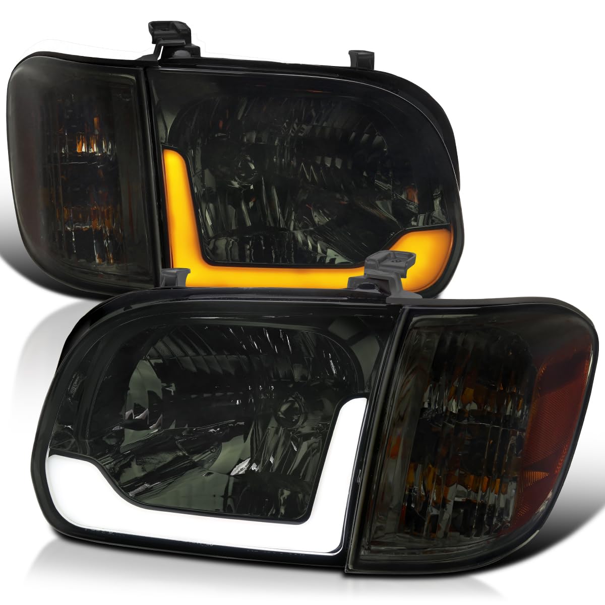 Smoke LED Switchback Sequential Headlights + Corner Lights SPEC-D TUNING Compatible with 2005-2006 Toyota Tundra, Left + Right Pair Headlamp Assembly