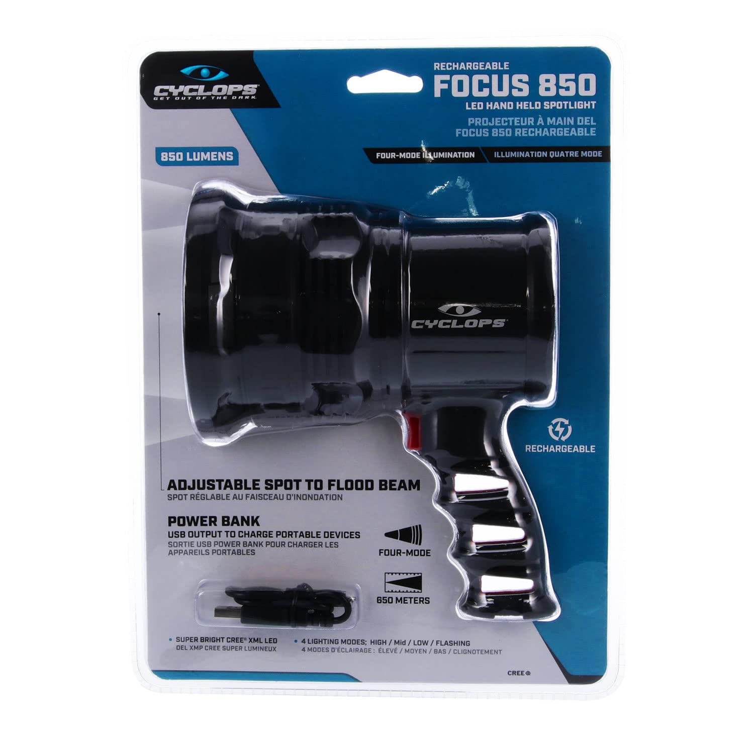 Rechargeable Cyclops Handheld Four-Mode Adjustable Beam Focus 850 Lumens Spotlight with AC/DC Recharger/DC Car Plug