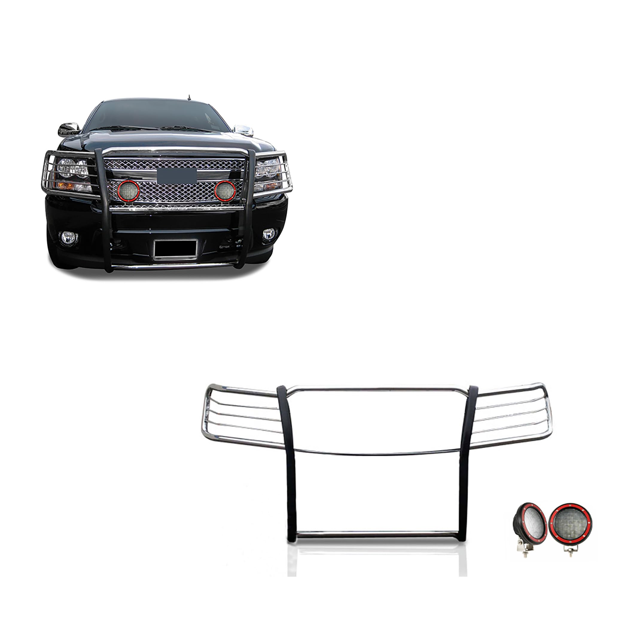 Black Horse Grille Brush Bumper Guard Stainless Steel Modular Come with Pair of 5.3" LED Lights with Red Trim Rings Compatible with 2007-2013 Avalanche|2007-2014 Suburban 1500/Tahoe-17A037400MSS-PLFR