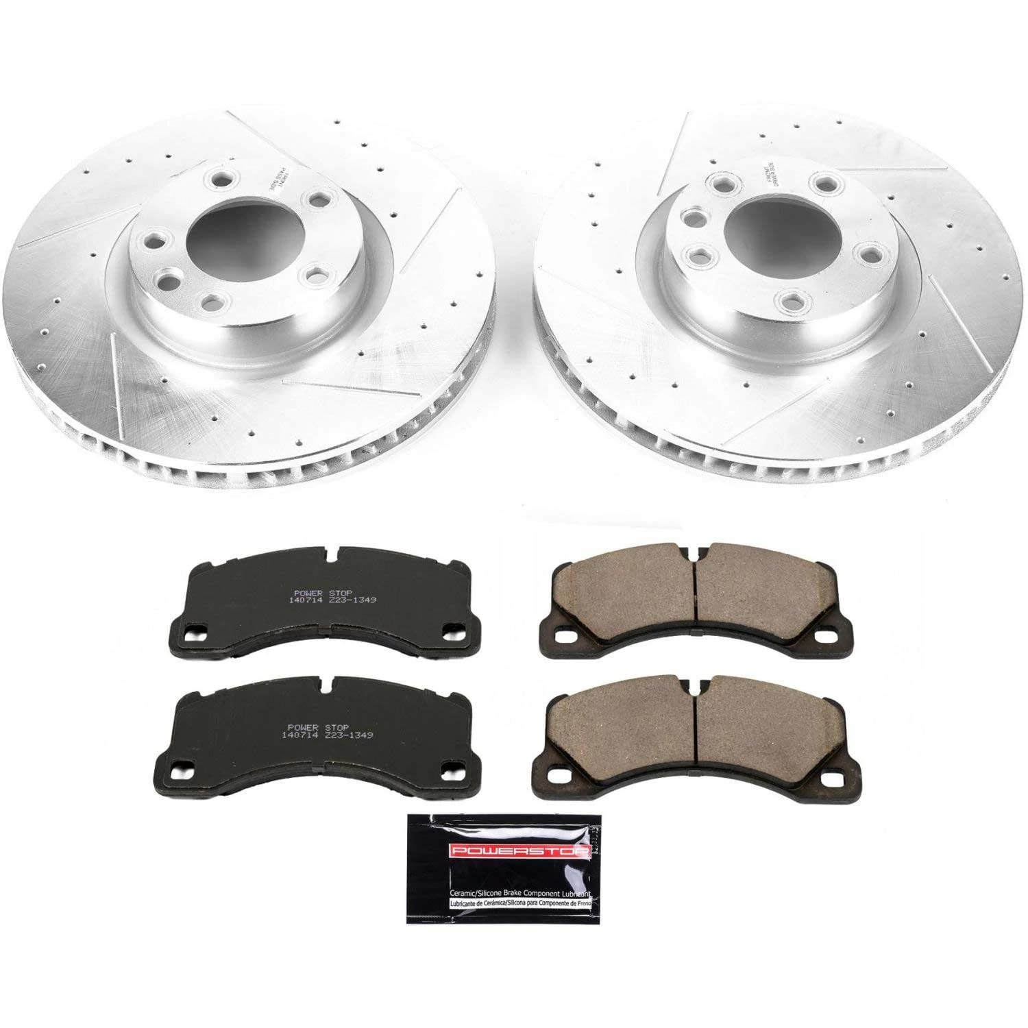 Power Stop K6042 Z23 Carbon Fiber Brake Pads Front with Drilled & Slotted Brake Rotors Kit For Porsche Cayenne 2011-2012, Volkswagen Touareg 2011-2015 [Model Specific]