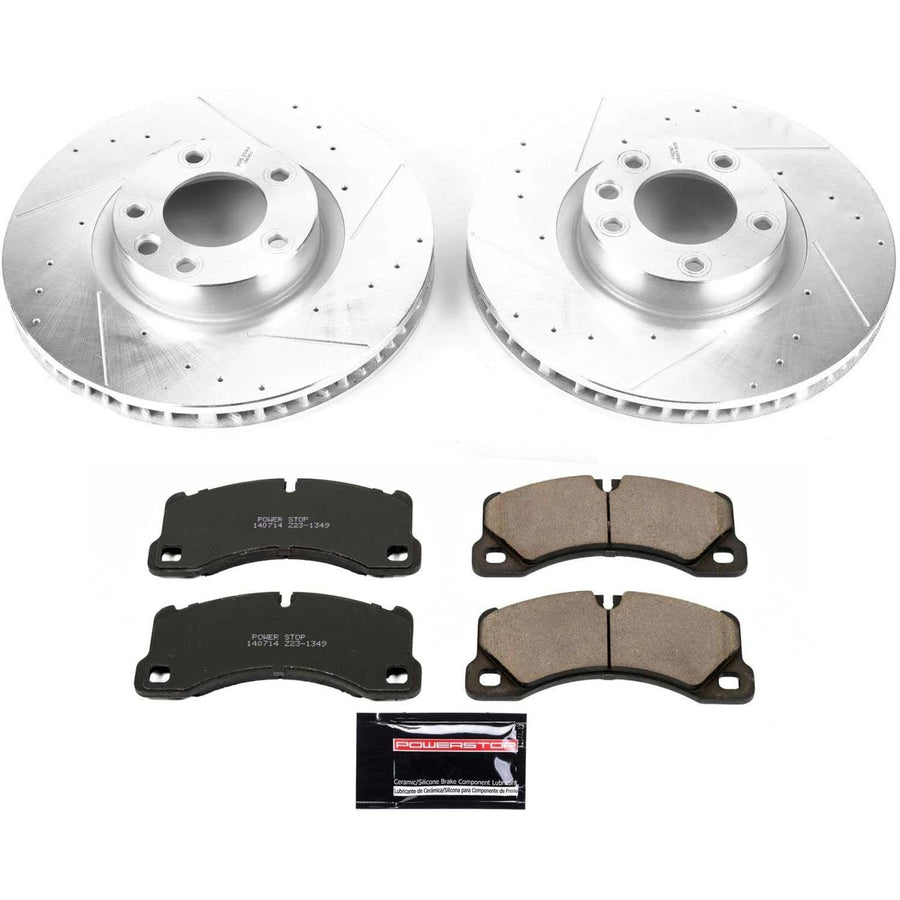 Power Stop K6042 Z23 Carbon Fiber Brake Pads Front with Drilled & Slotted Brake Rotors Kit For Porsche Cayenne 2011-2012, Volkswagen Touareg 2011-2015 [Model Specific]