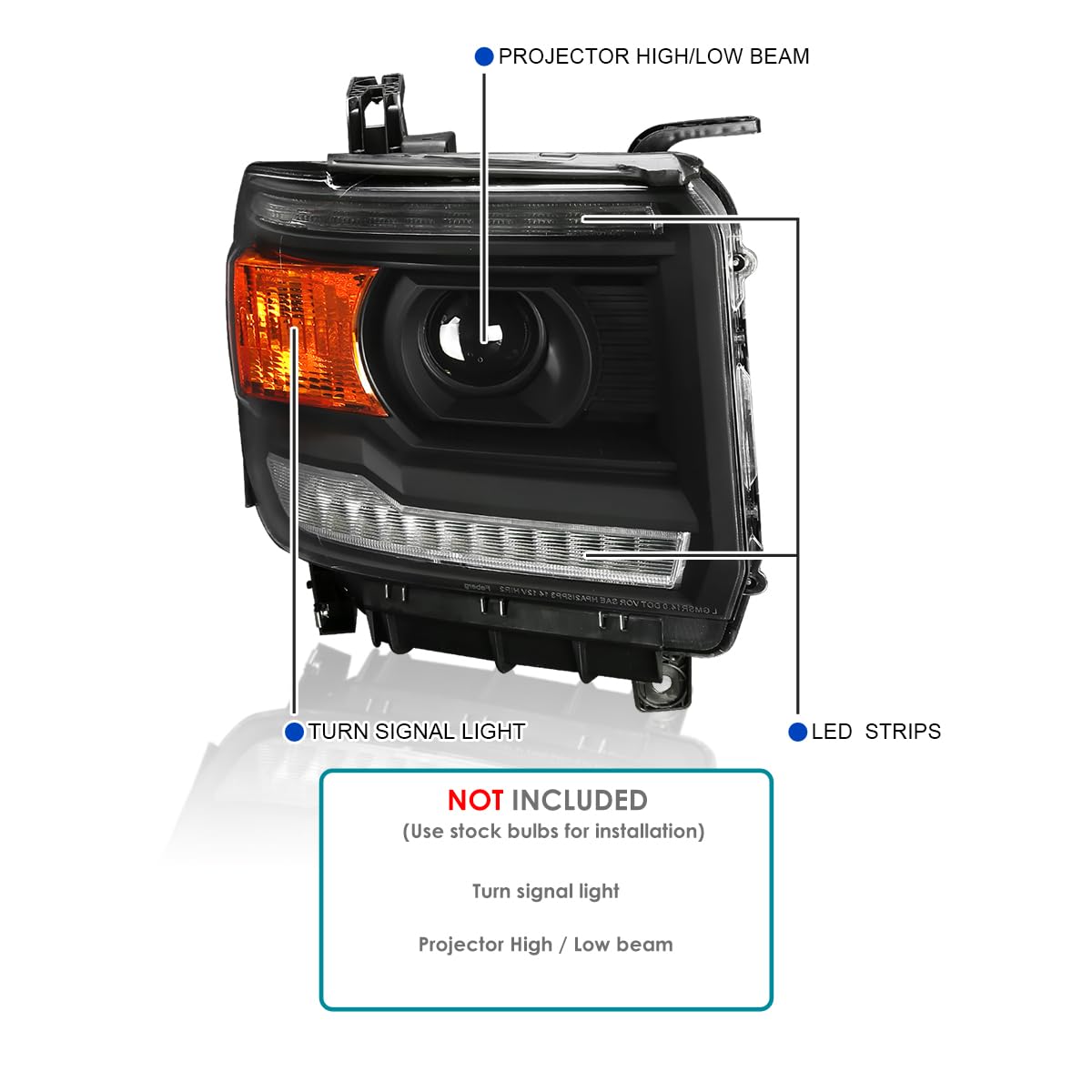 Black Projector Headlights w/LED DRL Strip SPEC-D TUNING Compatible with 2014-2018 GMC Sierra 1500, 2500, 3500, Base/Denali/SLE/SLT, Left + Right Pair Headlamps Assembly