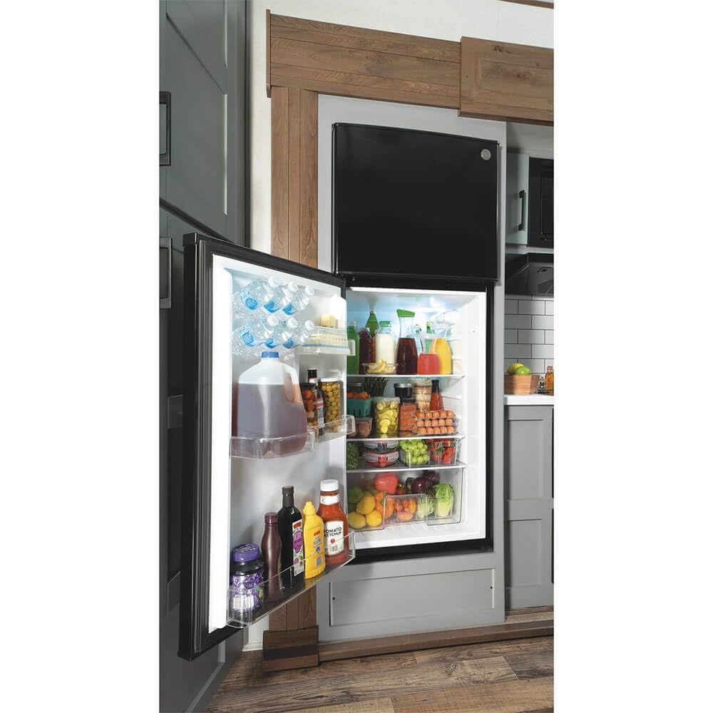 24" GE GPV10FGNBB Top Freezer Refrigerator with 9.93 cu. ft. Capacity 12V DC Power Only LED Lighting and Adjustable Spillproof Glass Shelves in Black
