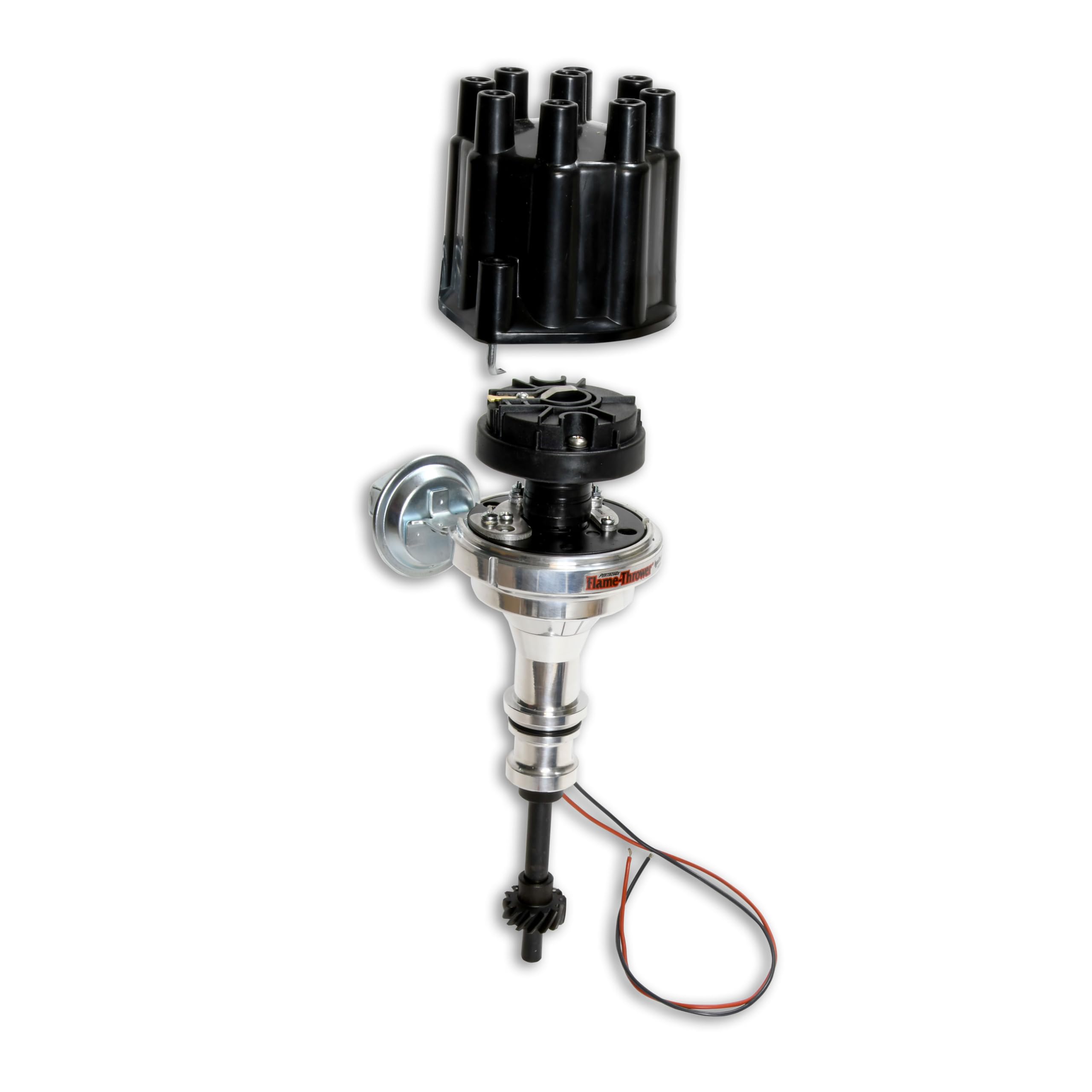 FLAME-THROWER PERTRONIX BILLET DISTRIBUTOR WITH IGNITOR II ELECTRONICS FOR FORD Y-BLOCK ENGINES VACUUM ADVANCE WITH BLACK FEMALE STYLE CAP