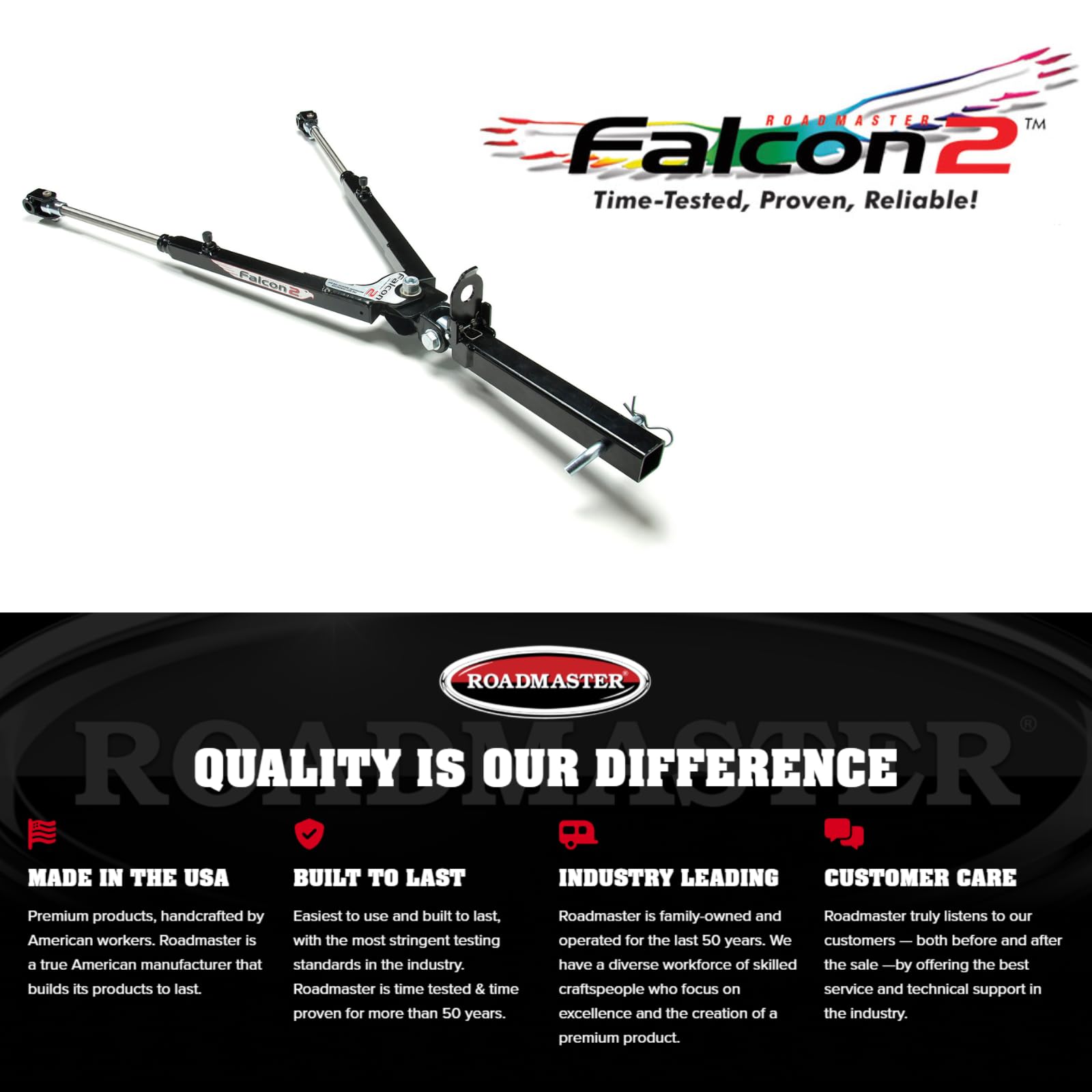 Falcon 2 Roadmaster 520 Tow Bar fits Roadmaster Baseplates | Hauls Up to 6,000 lbs | Large Hook-Up Radius | Powder-Coated Finish | Self-lubricating Bushings | Proudly Made in The USA