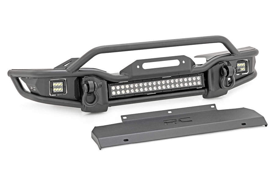 Tubular Rough Country Front Bumper for Jeep Gladiator JT/Wrangler JK & JL/Wrangler Unlimited (2007-2025) - Built-in LED Lights, Skid & Winch Plate