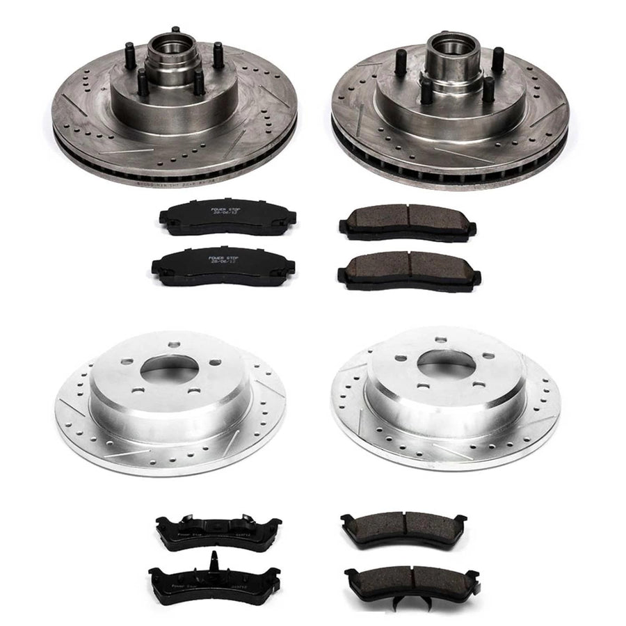 Power Stop K4356 Z23 Carbon Fiber Brake Pads Front and Rear with Drilled & Slotted Brake Rotors Kit For Ford Explorer Sport 2001-2002 [Model Specific]