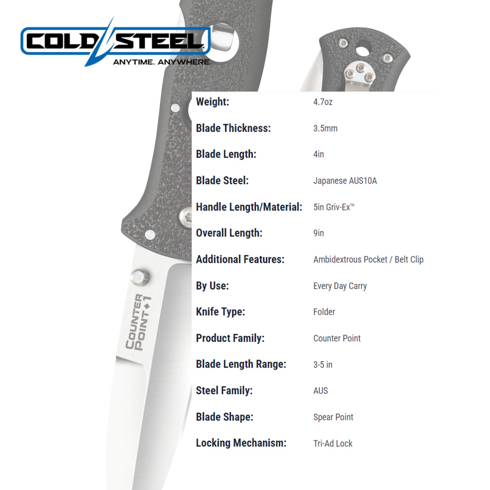 Cold Steel Folding Knife Counter Point with Tri-Ad Lock and Pocket Clip, Counter Point 1, Silver & Black
