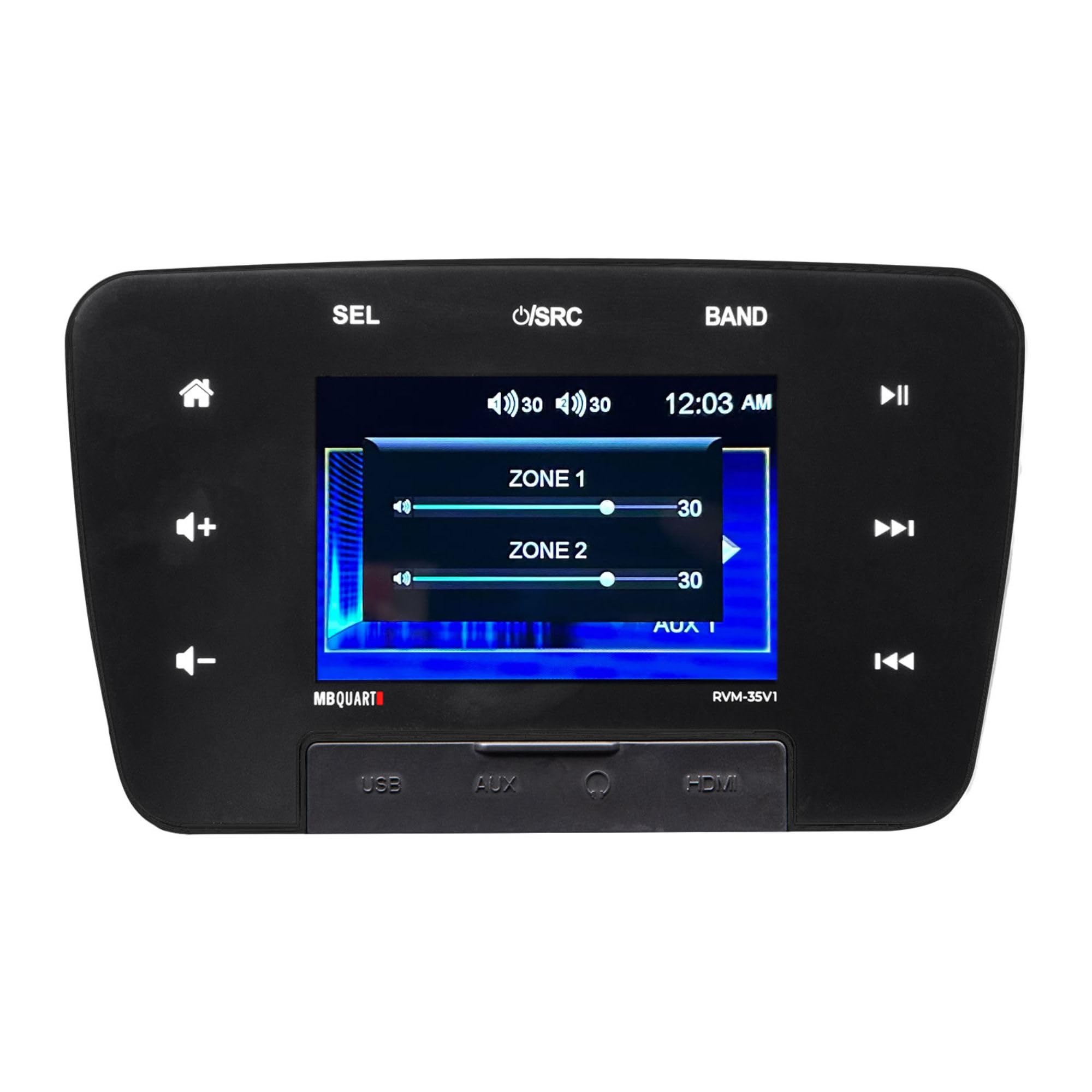RVM-35V1 MB Quart 160W 3.5" Touchscreen Mechless Multimedia Bluetooth Source Unit w/Multi-Zone Audio, USB, AM/FM Radio & Camera Input for RVs & Cars