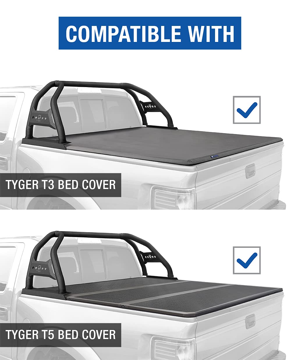 Tyger Auto Sport Bar Compatible with 2002-2018 Dodge Ram 1500; 5.5' Bed Classic 2019-2024; 2004-2026 F-150; 2007-2021 Tundra | Fleetside | TG-SB7D88348 | Textured Black | Light Mount | Roll Bar
