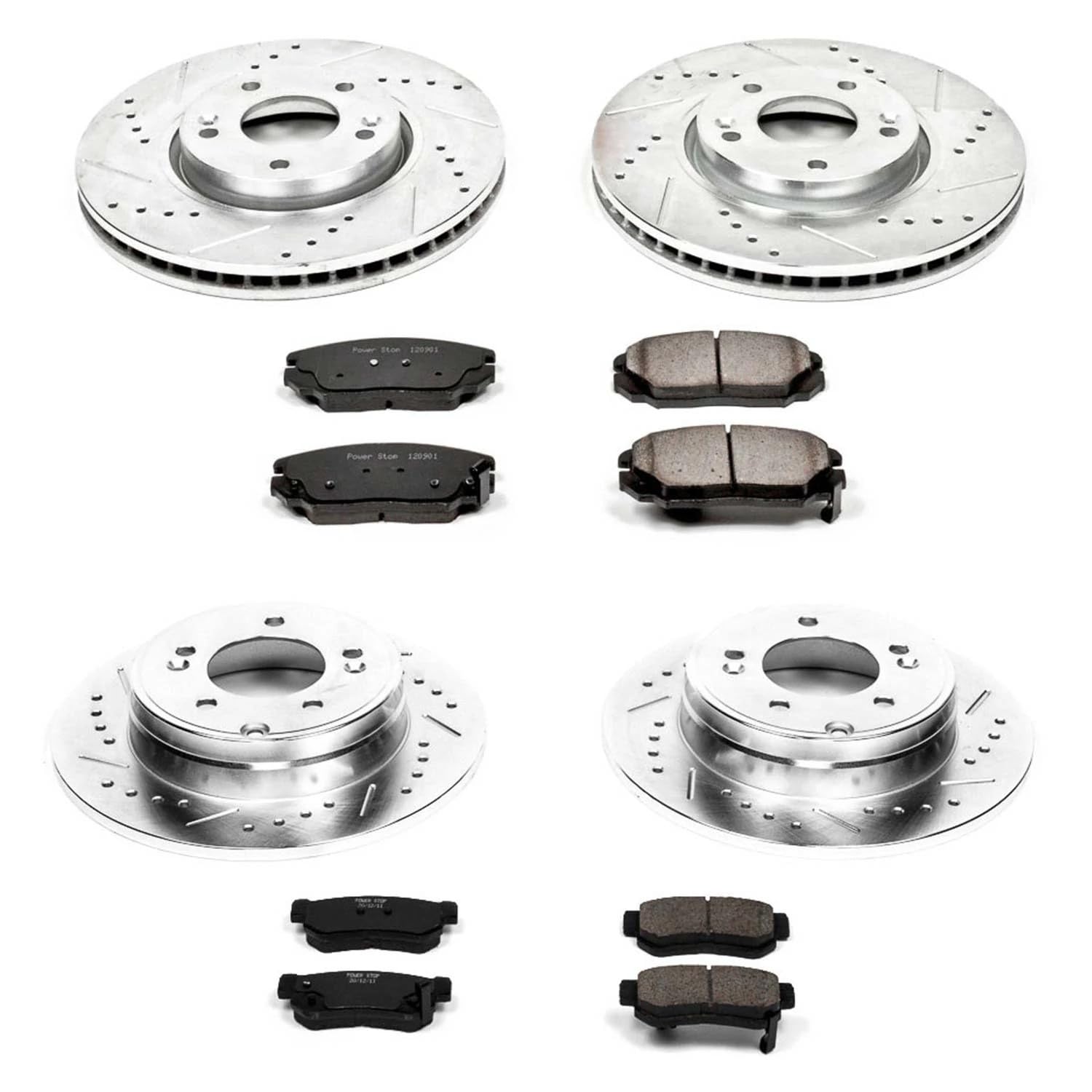 Power Stop K4443 Z23 Carbon Fiber Brake Pads Front and Rear with Drilled & Slotted Brake Rotors Kit For Hyundai Sonata 2006-2008 [Model Specific]