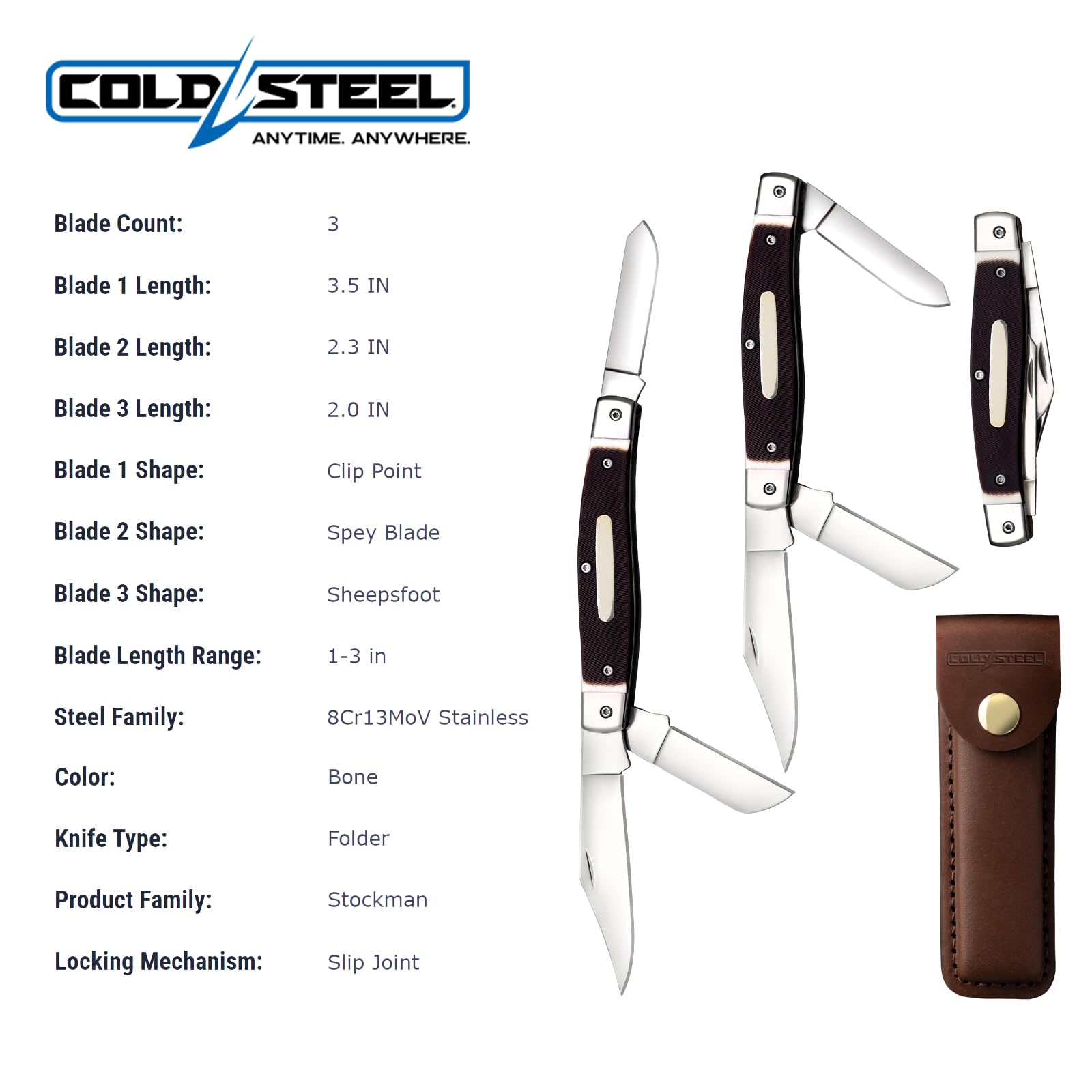 COLD STEEL Folding Knife Stockman Practical Versatile Durable Reliable Compact Pocket - 3 Blades; Bone Handle; Slip Joint Lock