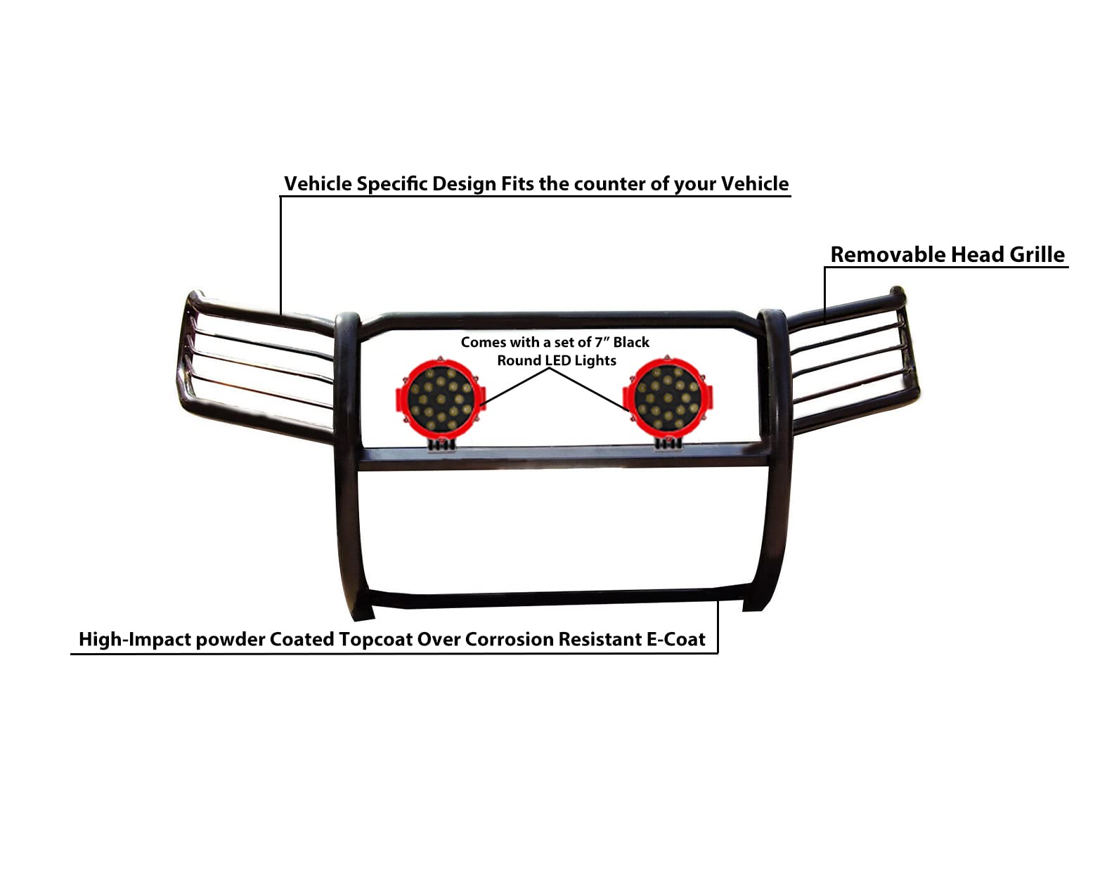 Bumper Guard Black Horse Grille Brush Modular Black Come with Pair of 7.0" Dia.LED Lights with Red Trim Rings Compatible with 2001-2007 Toyota Highlander-17TL26MA-PLR
