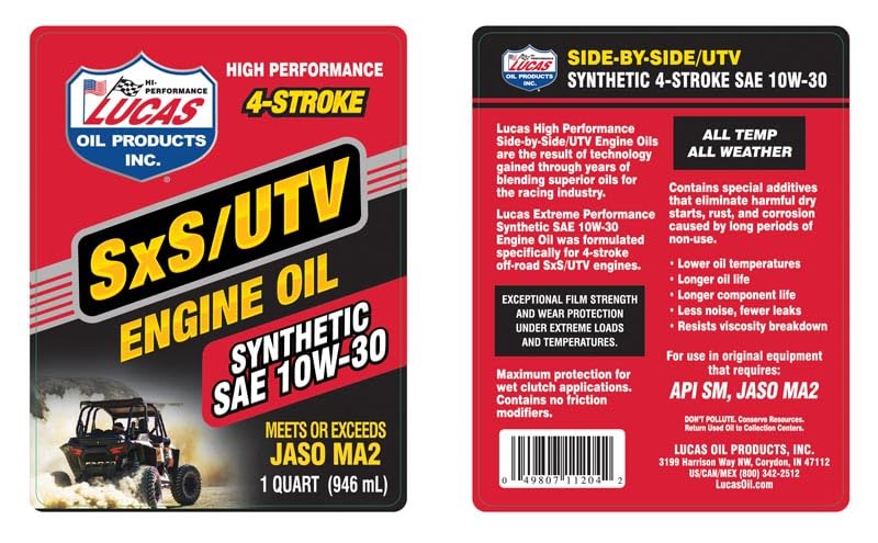 Synthetic SAE 10W-30 Lucas Oil SXS Engine Oil, 1 Quart (Pack of 1)