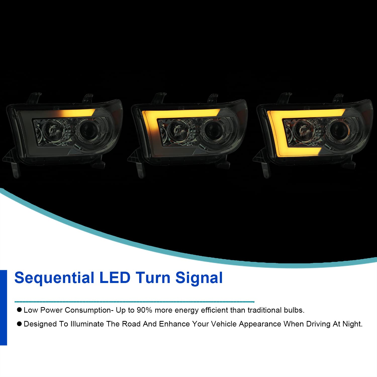 Spec-D Tuning Projector Smoke Headlights w/Switchback Sequential LED Turn Signal Compatible with 2007-2013 Toyota Tundra, 2008-2017 Toyota Sequoia, Left + Right Pair Headlamps Assembly