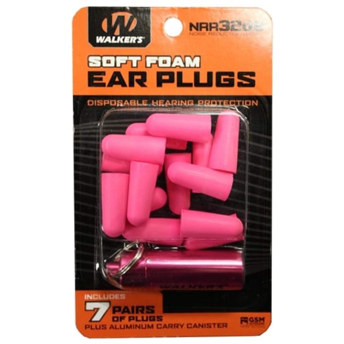 7 Pairs Walker's Neon Pink Foam Ear Plugs with Black Aluminum Canister