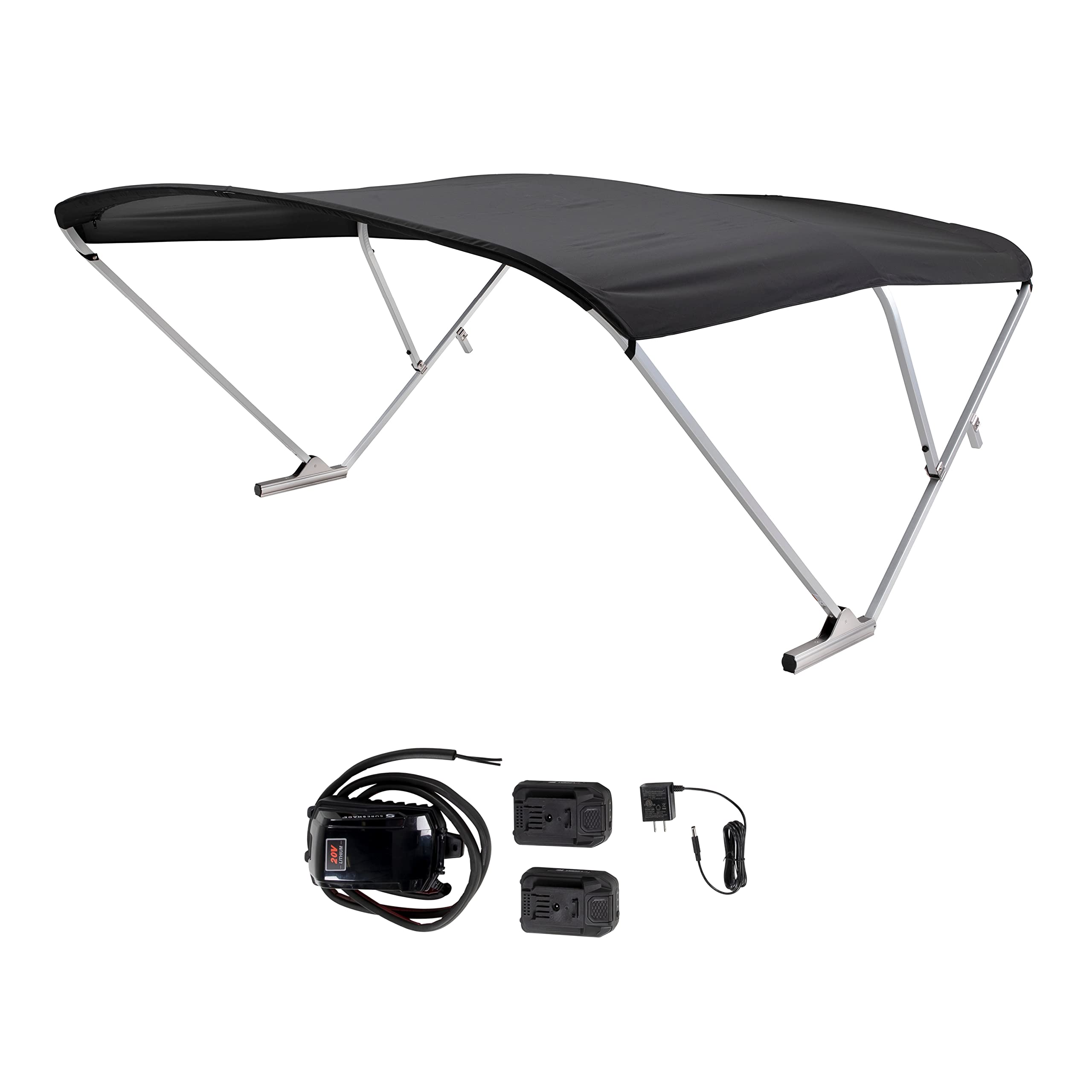 SureShade Electric Bimini Power Shade System for Pontoon Boats with Manual or No Biminis, 92-102" Wide, 20V Powered, Fade-Resistant Fabric, Clear Anodized Frame, Black - 2021133086