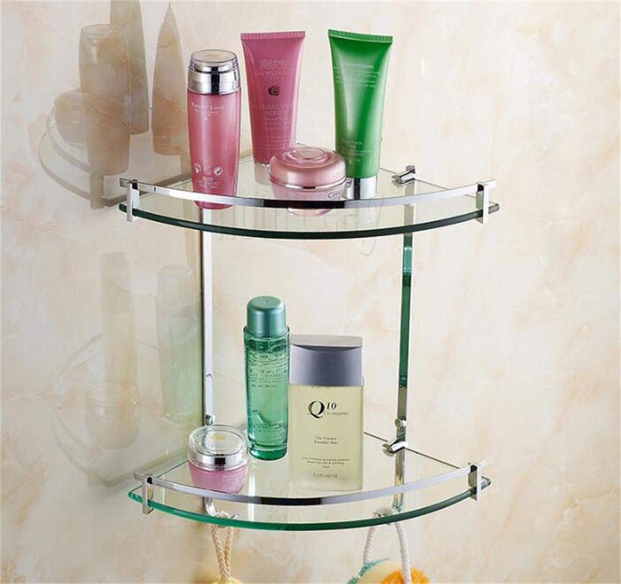 All Copper BTBT Doubledeck Triangular Glass Bathroom Shelves, Multifunction Chrome Glass Shelves Corner Shelf With 2 Hooks Up Bathroom Shelf