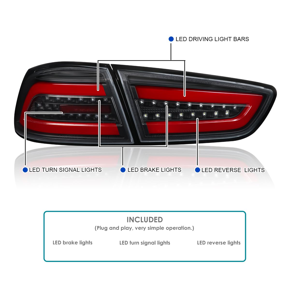 Black Tail Lights w/Red LED Bar SPEC-D TUNING Compatible with 2008-2017 Mitsubishi Lancer, 2008-2015 Mitsubishi Lancer Evolution, Left + Right Pair Assembly