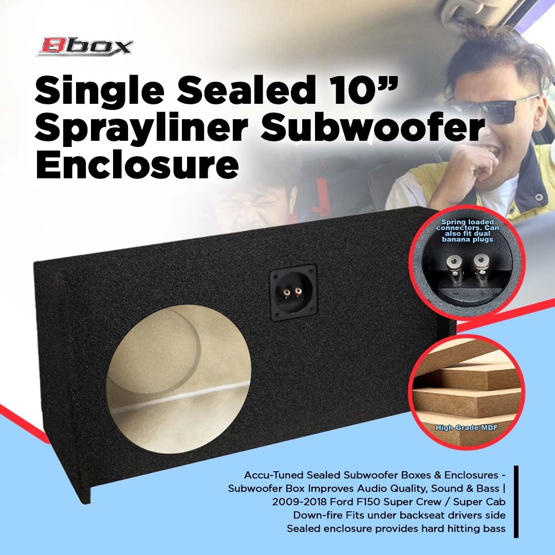 Bbox 10 Inch Single Sealed Spayliner Subwoofer Enclosure - Accu-Tuned Subwoofer Boxes & Sealed Enclosures - Subwoofer Box Audio Quality, Sound & Bass - Fits 2009-2018 Ford F150 Super Crew/Super Cab