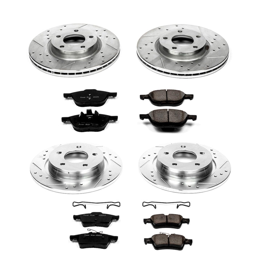 Power Stop K126 Z23 Carbon Fiber Brake Pads Front and Rear with Drilled & Slotted Brake Rotors Kit For Mazda 3 2004-2013 [Model Specific]