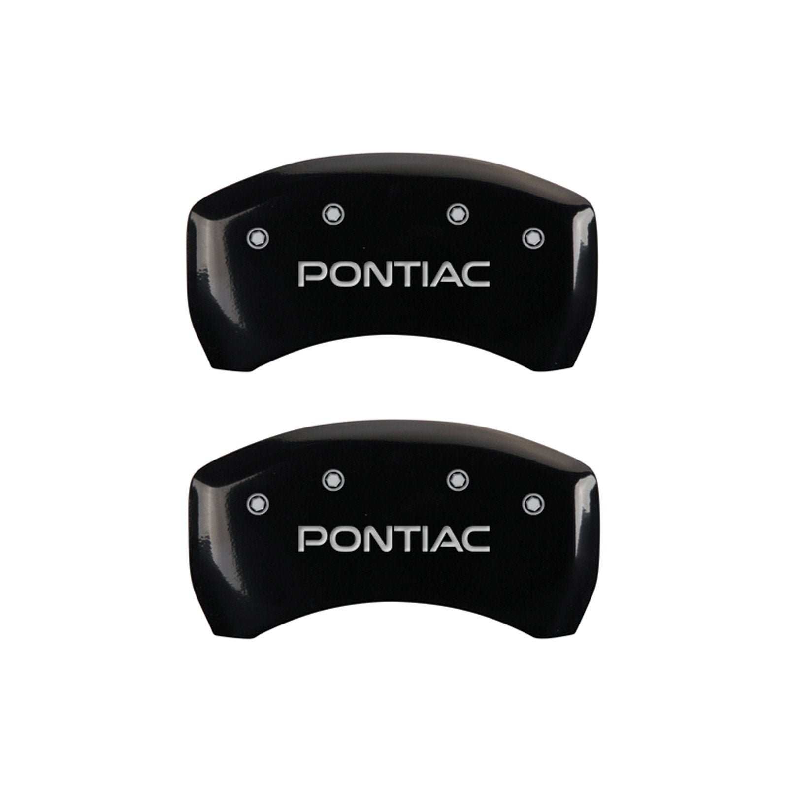 Caliper Covers MGP 18028SPOPBK 'Pontiac' Engraved with Black Powder Coat Finish and Silver Characters, (Set of 4)