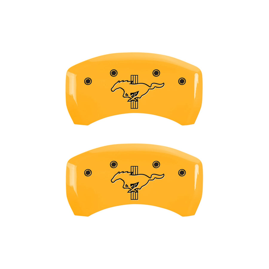 Brake Caliper Covers MGP for Ford Mustang GT, GT Premium 2015-2023 - Yellow Powder-Coated Finish, Engraved Black Mustang/Bar & Pony Logo, Front and Rear Caliper Covers (Set of 4)