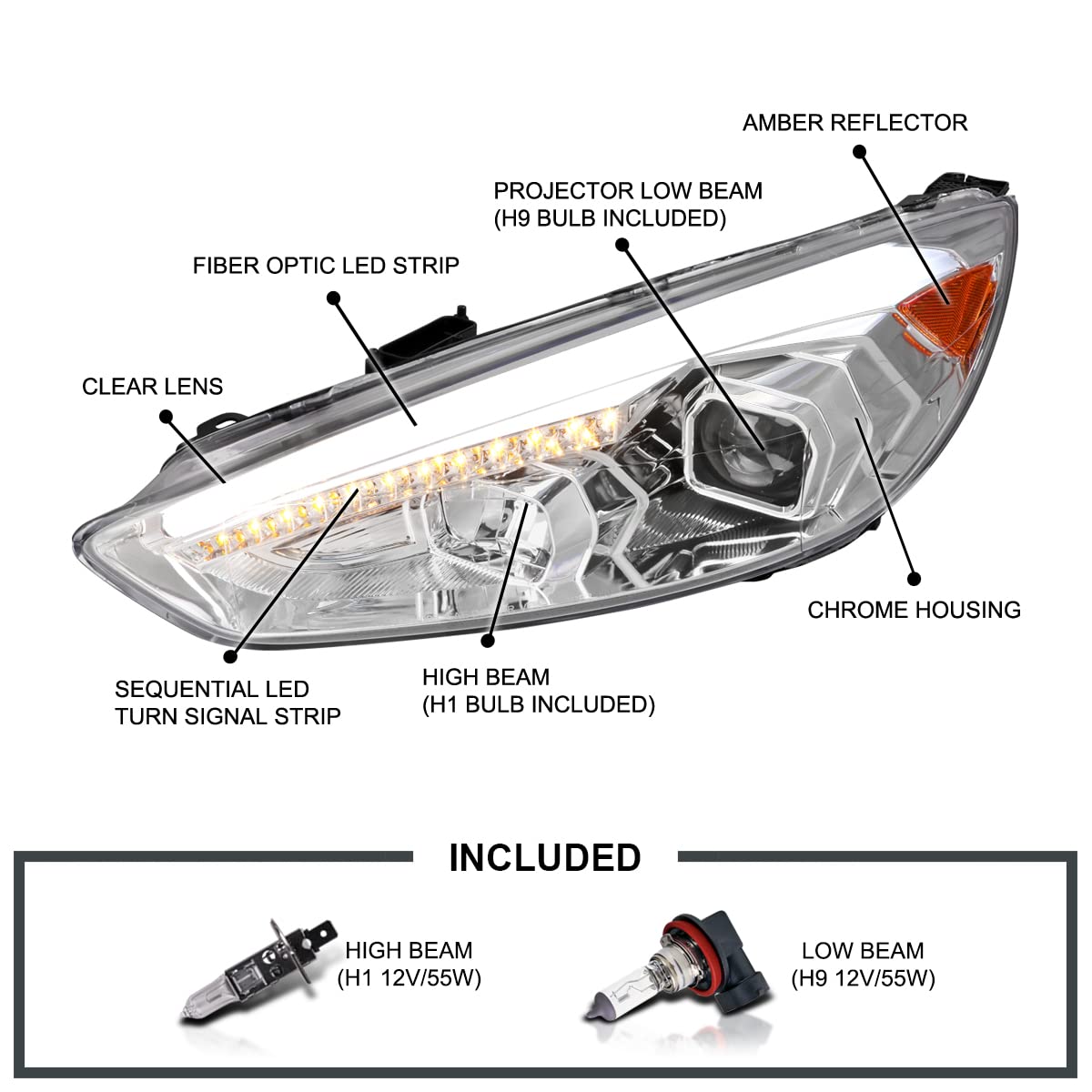 Chrome Projector Headlights SPEC-D TUNING w/Sequential LED Signal Tube Compatible with 2015-2018 Ford Focus, Left + Right Pair Headlamps Assembly