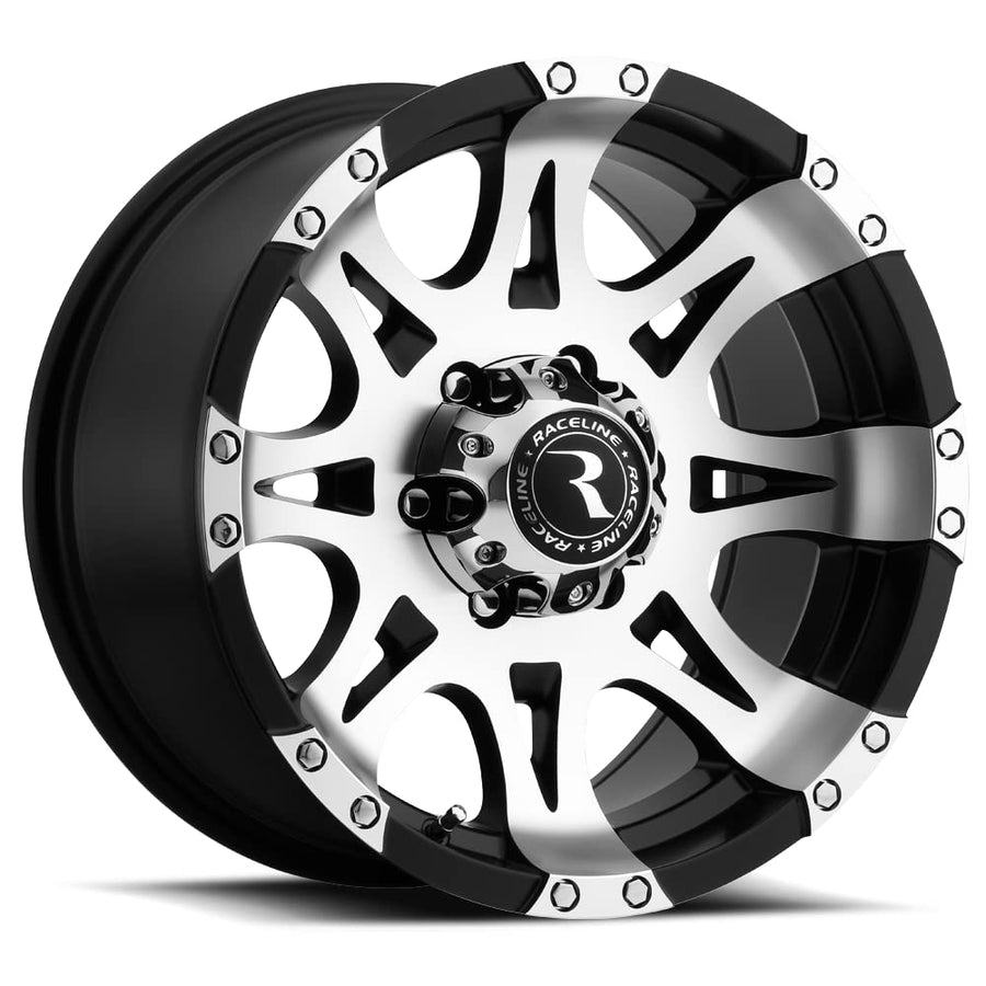 16X8"8X165.1 Bolt Pattern Raceline Wheels 982 RAPTOR Wheel Mirror/Black 0mm Offset/(4.5"B/S) 8 Spoke Aluminum Passenger Car Wheels, Full Size Replacement Black Car Rims