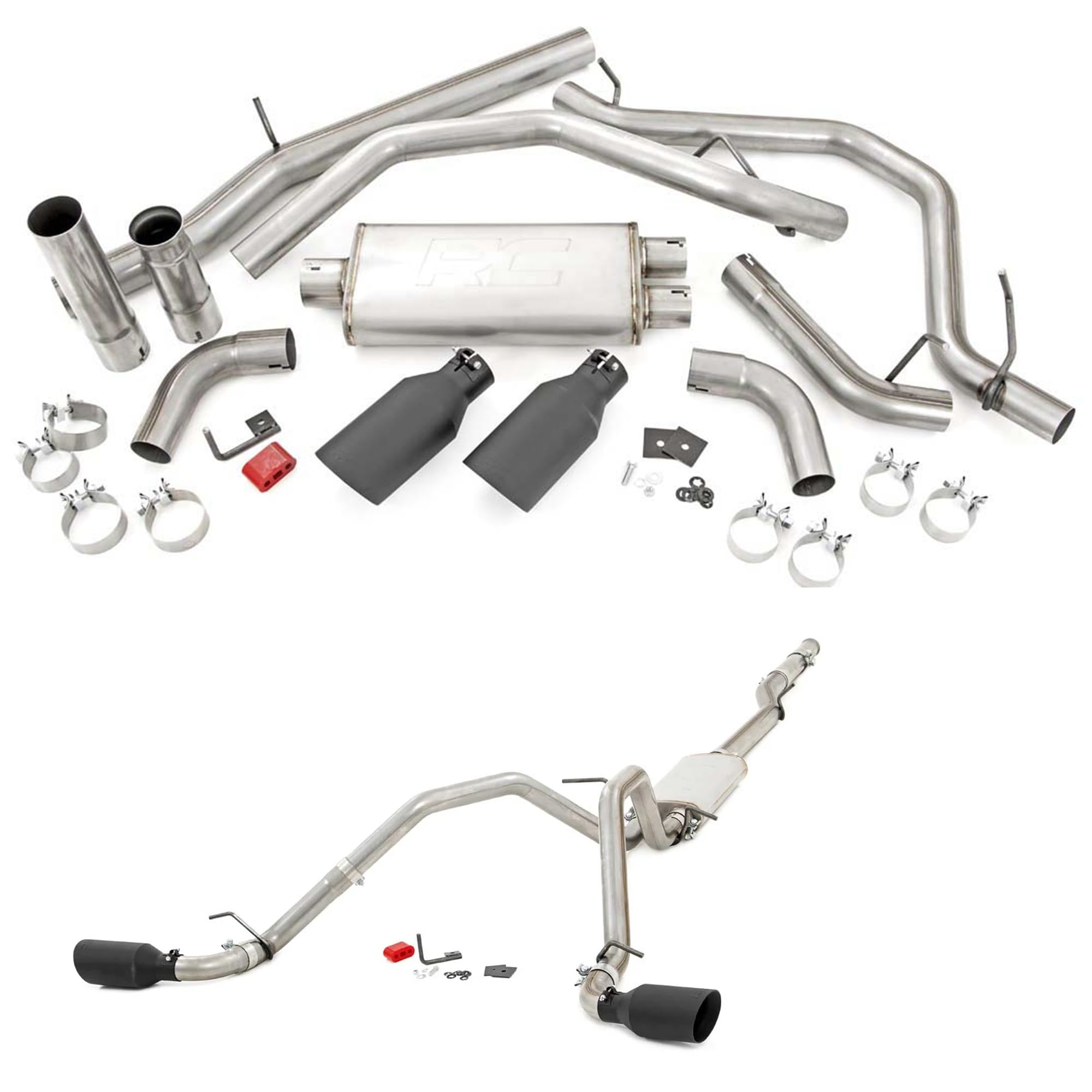Rough Country Dual Cat-Back Exhaust with Black Tips for GMC Sierra & Chevy Silverado 1500 (2014-2018) 5.3L Engine - Performance Tuned Growl