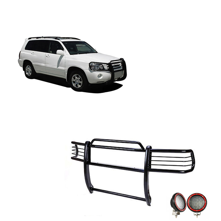 Grille Brush Black Horse Bumper Guard Modular Black Come with Pair of 5.3" Dia.LED Lights with Red Trim Rings Compatible with 2001-2007 Toyota Highlander-17TL26MA-PLFR