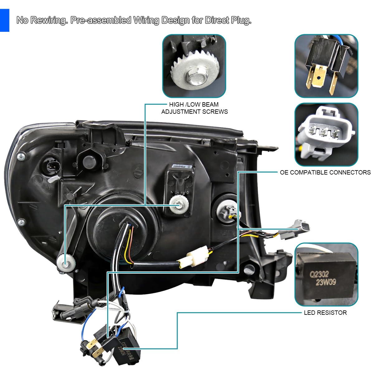 Chrome Projector Headlights Spec-D Tuning w/LED Tube Compatible with 2005-2011 Toyota Tacoma, Left + Right Pair Headlamps Assembly